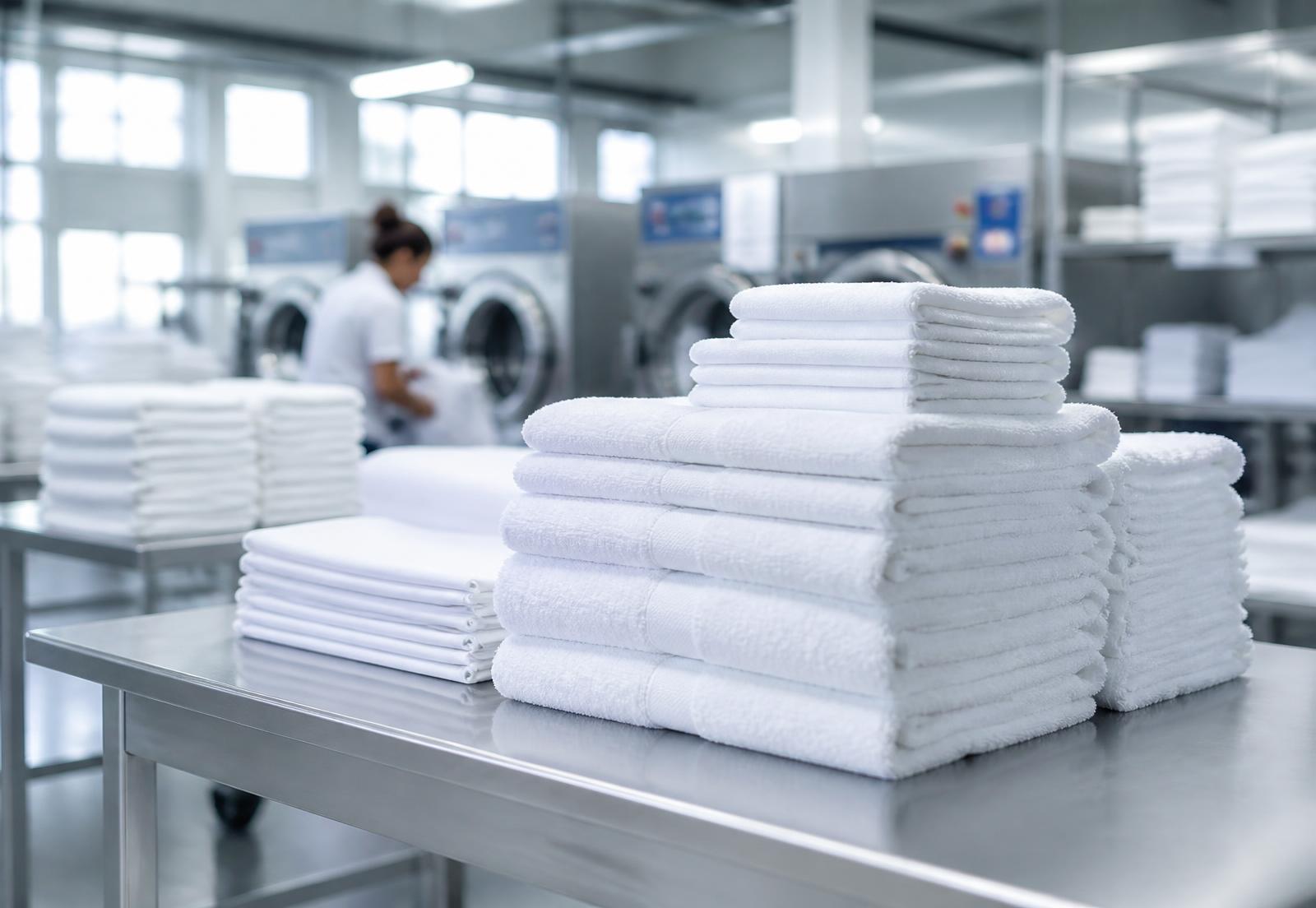 Toalhas brancas dobradas numa lavandaria profissional para empresas